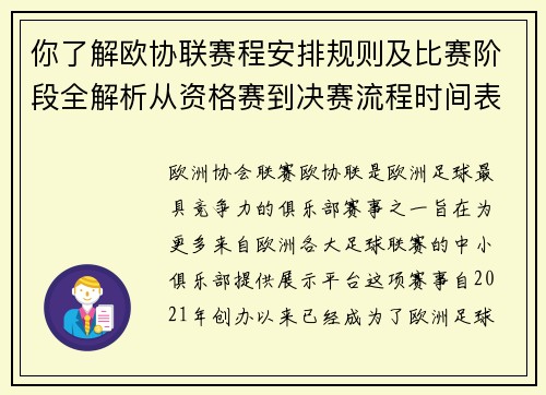 你了解欧协联赛程安排规则及比赛阶段全解析从资格赛到决赛流程时间表详解