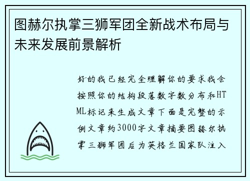 图赫尔执掌三狮军团全新战术布局与未来发展前景解析